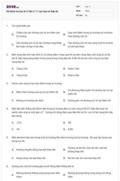 Đề kiểm tra học kì 2 Vật Lí 11 cực hay có đáp án