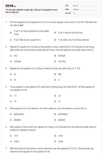 15 câu trắc nghiệm Luyện tập: Cấu tạo vỏ nguyên tử cực hay có đáp án