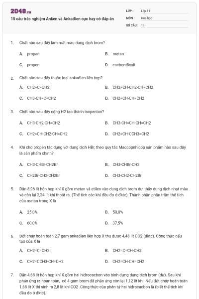 15 câu trắc nghiệm Anken và Ankađien cực hay có đáp án
