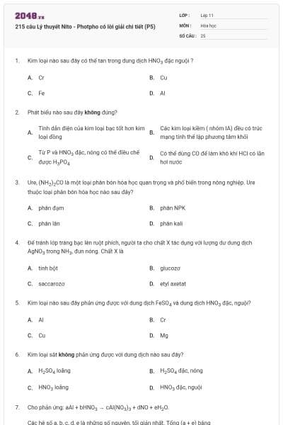 215 câu Lý thuyết Nito - Photpho có lời giải chi tiết (P5)