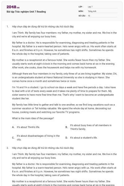Bài tập Trắc nghiệm Unit 7 Reading