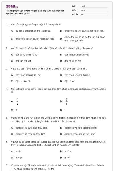 Trắc nghiệm Vật lí 9 Bài 45 (có đáp án): Ảnh của một vật tạo bởi thấu kính phân kì