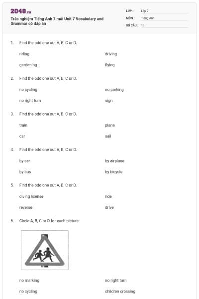 Trắc nghiệm Tiếng Anh 7 mới Unit 7 Vocabulary and Grammar có đáp án