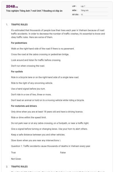 Trắc nghiệm Tiếng Anh 7 mới Unit 7 Reading có đáp án