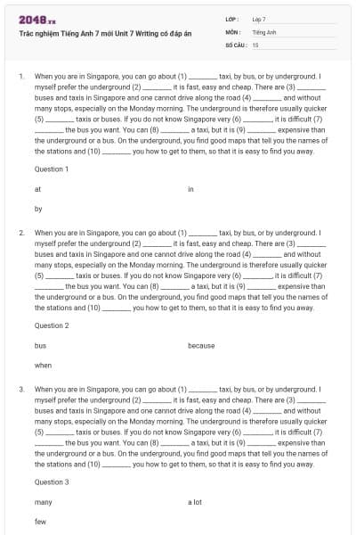 Trắc nghiệm Tiếng Anh 7 mới Unit 7 Writing có đáp án