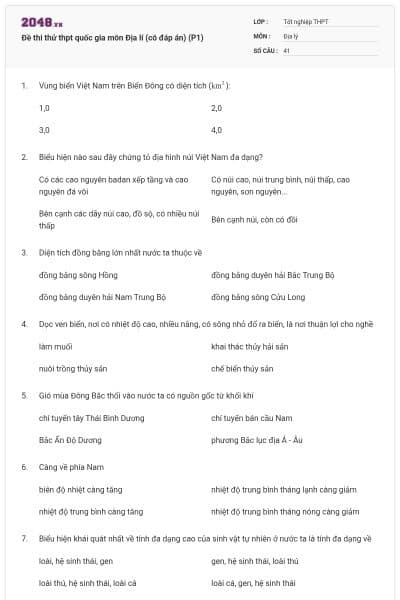 Đề thi thử thpt quốc gia môn Địa lí (có đáp án) (P1)