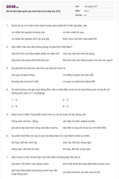 Đề thi thử thpt quốc gia môn Địa lí (có đáp án) (P2)