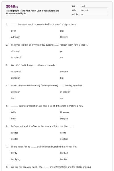 Trắc nghiệm Tiếng Anh 7 mới Unit 8 Vocabulary and Grammar có đáp án