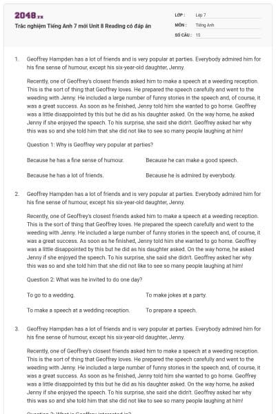 Trắc nghiệm Tiếng Anh 7 mới Unit 8 Reading có đáp án