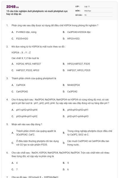 15 câu trắc nghiệm Axit photphoric và muối photphat cực hay có đáp án