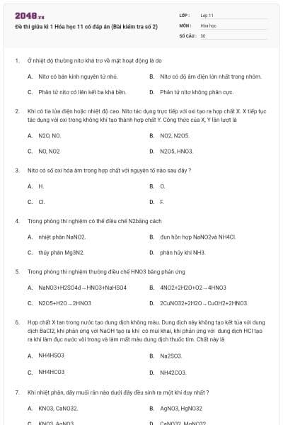 Đề thi giữa kì 1 Hóa học 11 có đáp án (Bài kiểm tra số 2)