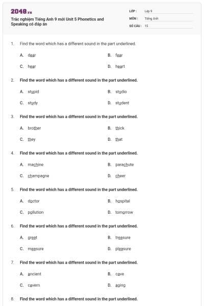 Trắc nghiệm Tiếng Anh 9 mới Unit 5 Phonetics and Speaking có đáp án