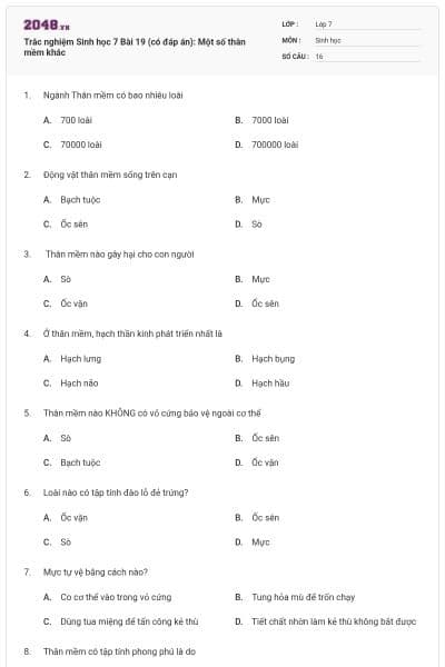 Trắc nghiệm Sinh học 7 Bài 19 (có đáp án): Một số thân mềm khác