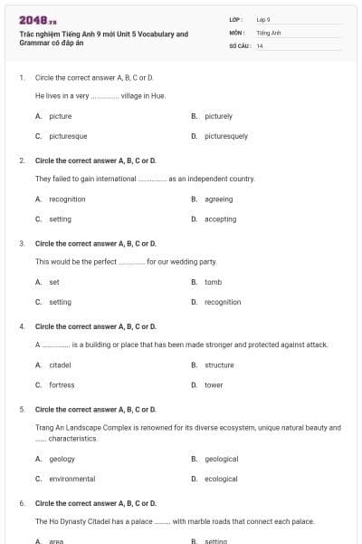 Trắc nghiệm Tiếng Anh 9 mới Unit 5 Vocabulary and Grammar có đáp án