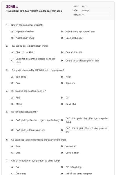 Trắc nghiệm Sinh học 7 Bài 22 (có đáp án): Tôm sông