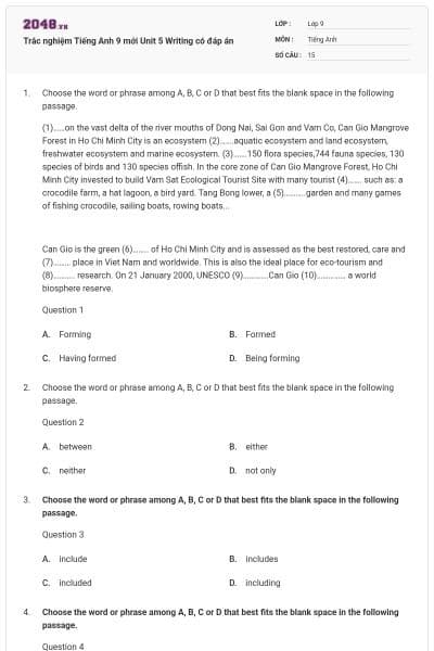 Trắc nghiệm Tiếng Anh 9 mới Unit 5 Writing có đáp án