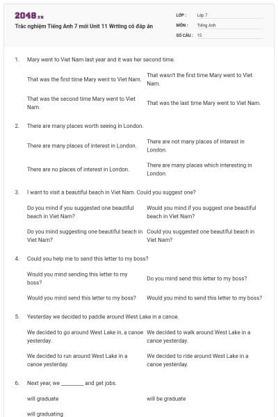 Trắc nghiệm Tiếng Anh 7 mới Unit 11 Writing có đáp án