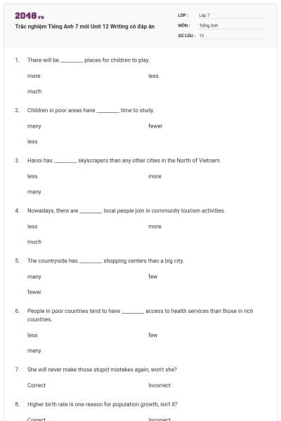 Trắc nghiệm Tiếng Anh 7 mới Unit 12 Writing có đáp án