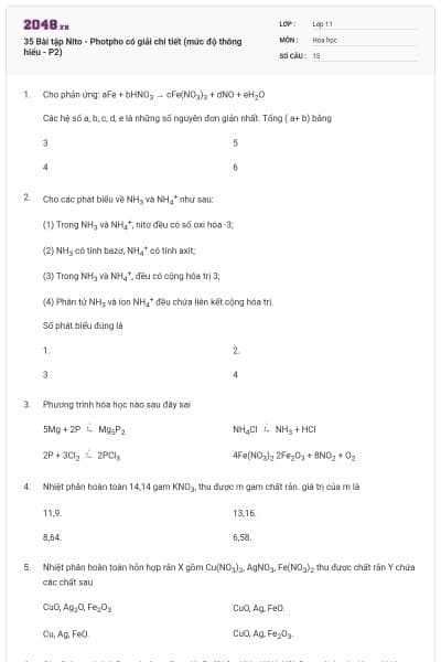 35 Bài tập Nito - Photpho có giải chi tiết (mức độ thông hiểu - P2)