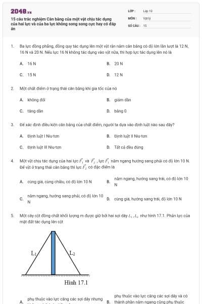 15 câu trắc nghiệm Cân bằng của một vật chịu tác dụng của hai lực và của ba lực không song song cực hay có đáp án