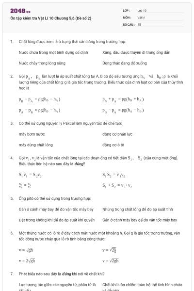 Ôn tập kiểm tra Vật Lí 10 Chương 5,6 (Đề số 2)