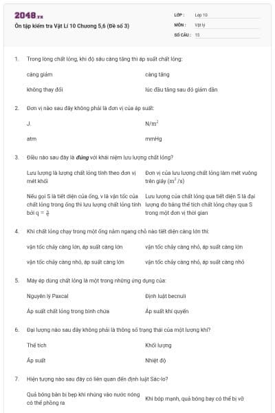 Ôn tập kiểm tra Vật Lí 10 Chương 5,6 (Đề số 3)