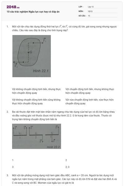 10 câu trắc nghiệm Ngẫu lực cực hay có đáp án