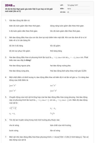 30 đề thi thử thpt quốc gia môn Vật lí cực hay có lời giải mới nhất (Đề số 3)