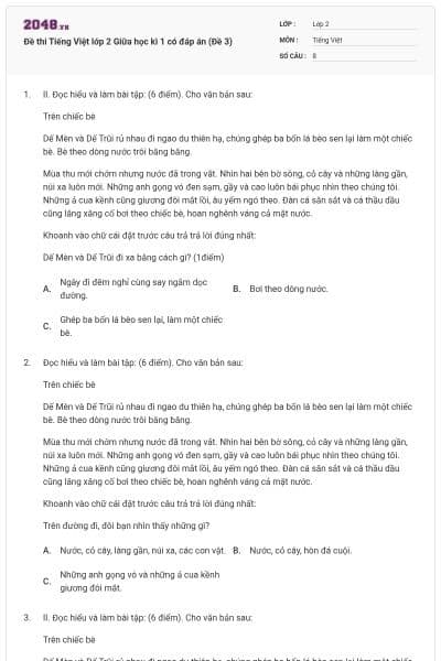 Đề thi Tiếng Việt lớp 2 Giữa học kì 1 có đáp án (Đề 3)
