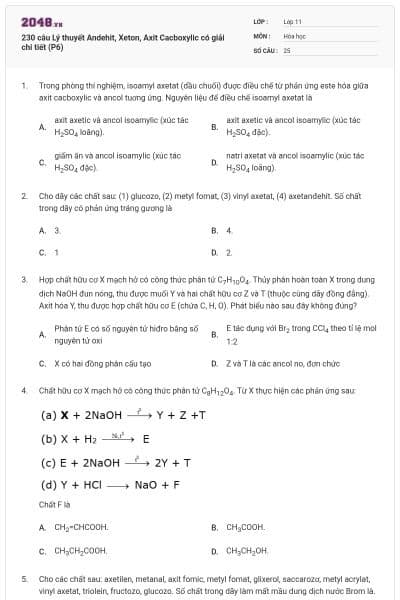 230 câu Lý thuyết Andehit, Xeton, Axit Cacboxylic có giải chi tiết (P6)