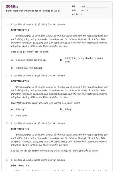 Đề thi Tiếng Việt lớp 2 Giữa học kì 1 có đáp án (Đề 5)