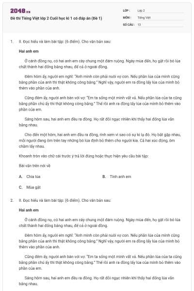 Đề thi Tiếng Việt lớp 2 Cuối học kì 1 có đáp án (Đề 1)