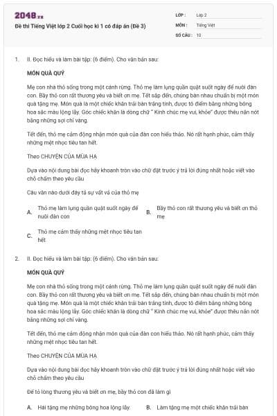 Đề thi Tiếng Việt lớp 2 Cuối học kì 1 có đáp án (Đề 3)