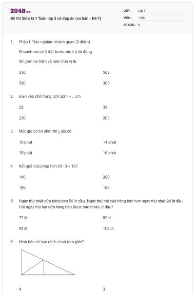 Đề thi Giữa kì 1 Toán lớp 3 có đáp án (cơ bản - Đề 1)