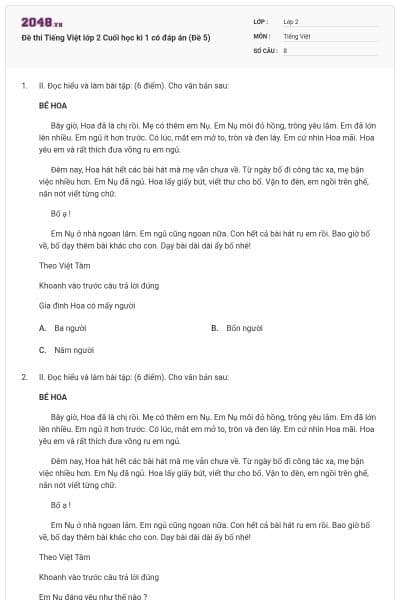 Đề thi Tiếng Việt lớp 2 Cuối học kì 1 có đáp án (Đề 5)