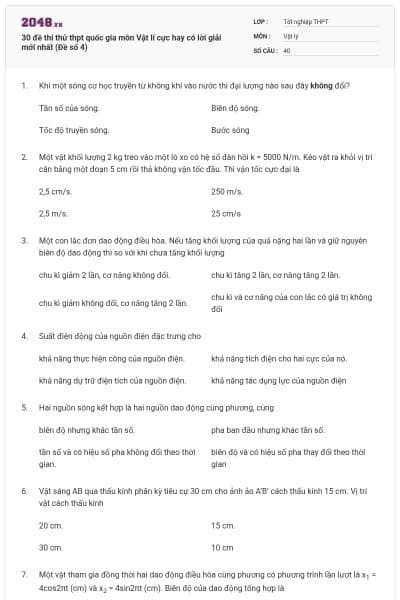 30 đề thi thử thpt quốc gia môn Vật lí cực hay có lời giải mới nhất (Đề số 4)