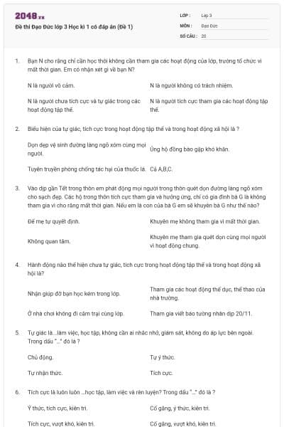 Đề thi Đạo Đức lớp 3 Học kì 1 có đáp án (Đề 1)