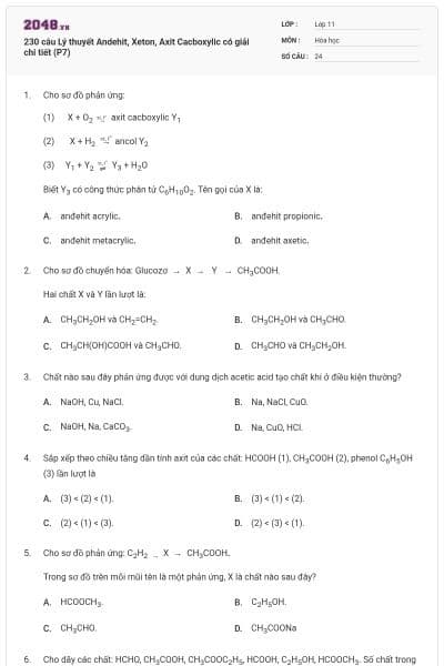 230 câu Lý thuyết Andehit, Xeton, Axit Cacboxylic có giải chi tiết (P7)