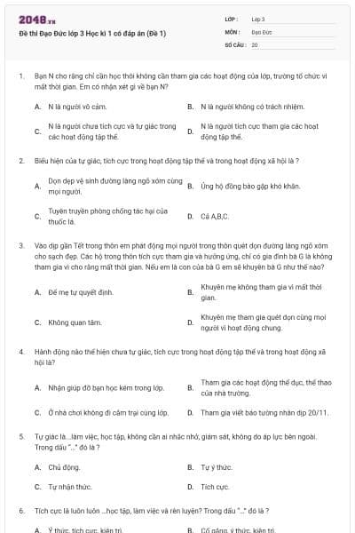 Đề thi Đạo Đức lớp 3 Học kì 1 có đáp án (Đề 1)