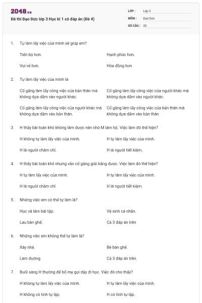 Đề thi Đạo Đức lớp 3 Học kì 1 có đáp án (Đề 4)