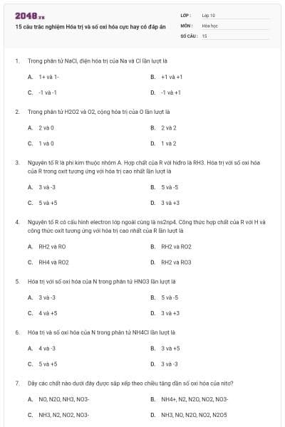 15 câu trắc nghiệm Hóa trị và số oxi hóa cực hay có đáp án