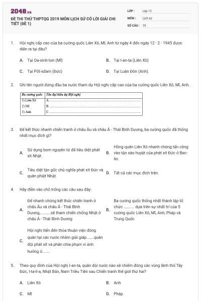 ĐỀ THI THỬ THPTQG 2019 MÔN LỊCH SỬ CÓ LỜI GIẢI CHI TIẾT (ĐỀ 1)
