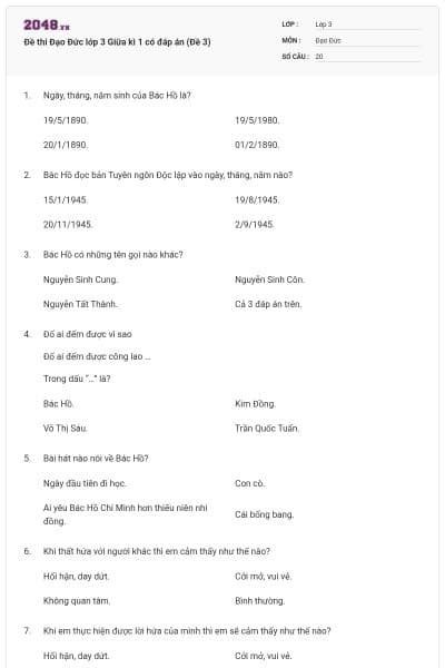 Đề thi Đạo Đức lớp 3 Giữa kì 1 có đáp án (Đề 3)