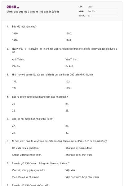 Đề thi Đạo Đức lớp 3 Giữa kì 1 có đáp án (Đề 4)