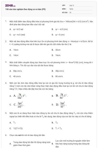 150 câu trắc nghiệm Dao động cơ cơ bản (P5)