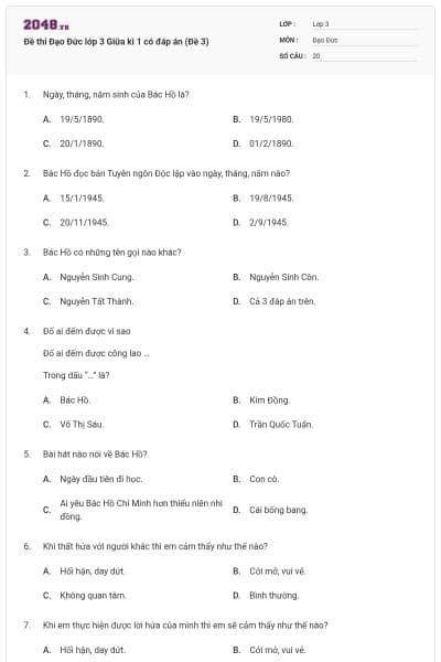 Đề thi Đạo Đức lớp 3 Giữa kì 1 có đáp án (Đề 3)