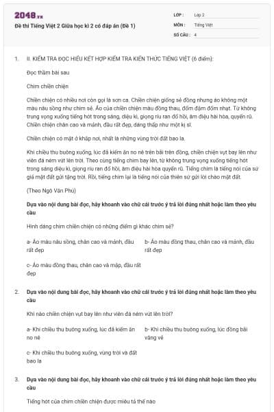 Đề thi Tiếng Việt 2 Giữa học kì 2 có đáp án (Đề 1)