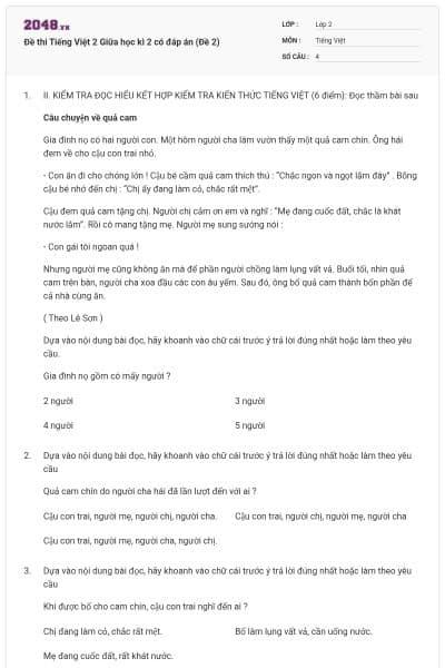 Đề thi Tiếng Việt 2 Giữa học kì 2 có đáp án (Đề 2)