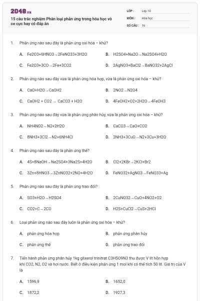 15 câu trắc nghiệm Phân loại phản ứng trong hóa học vô cơ cực hay có đáp án