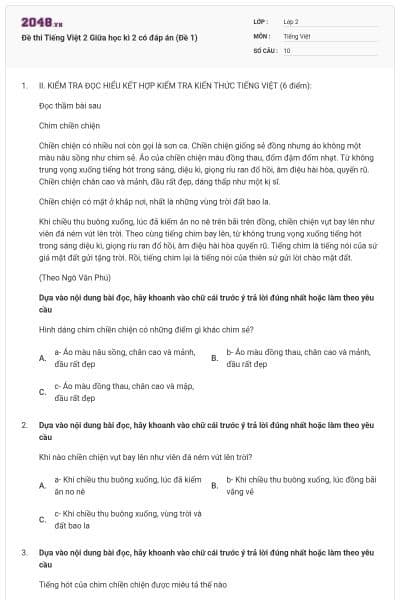Đề thi Tiếng Việt 2 Giữa học kì 2 có đáp án (Đề 1)